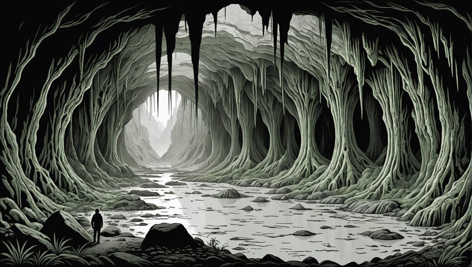 Cavern Discovery: Black and White Coloring Book Art