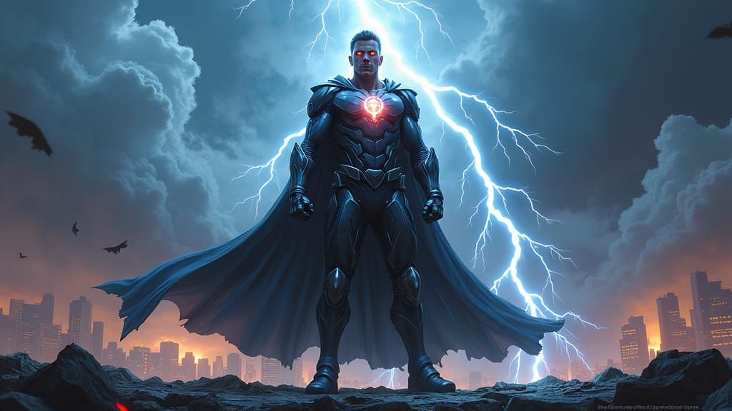 Cyberpunk Hero on Shattered Rooftop with Lightning