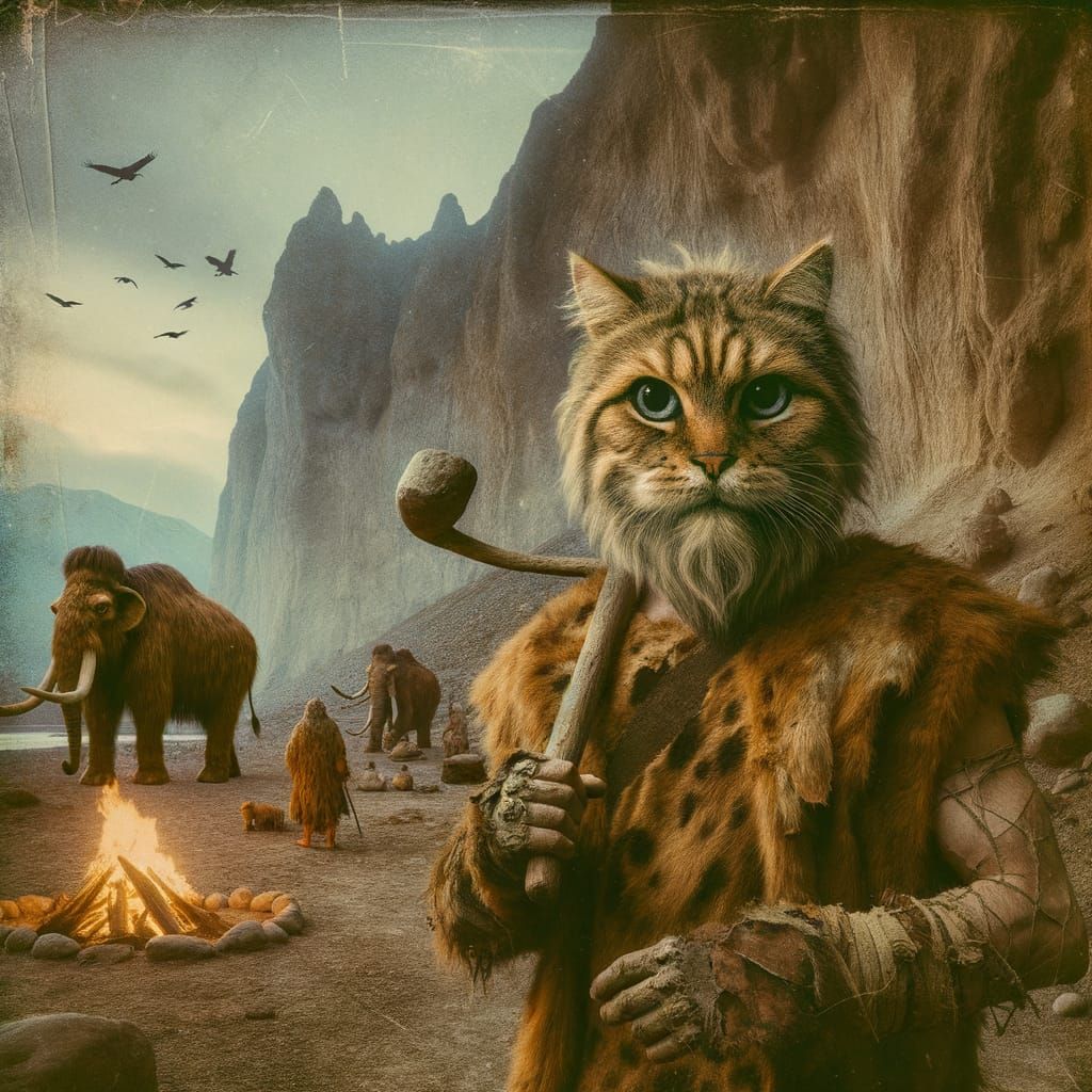 Prehistoric Cat-faced Man in Vintage Film Style