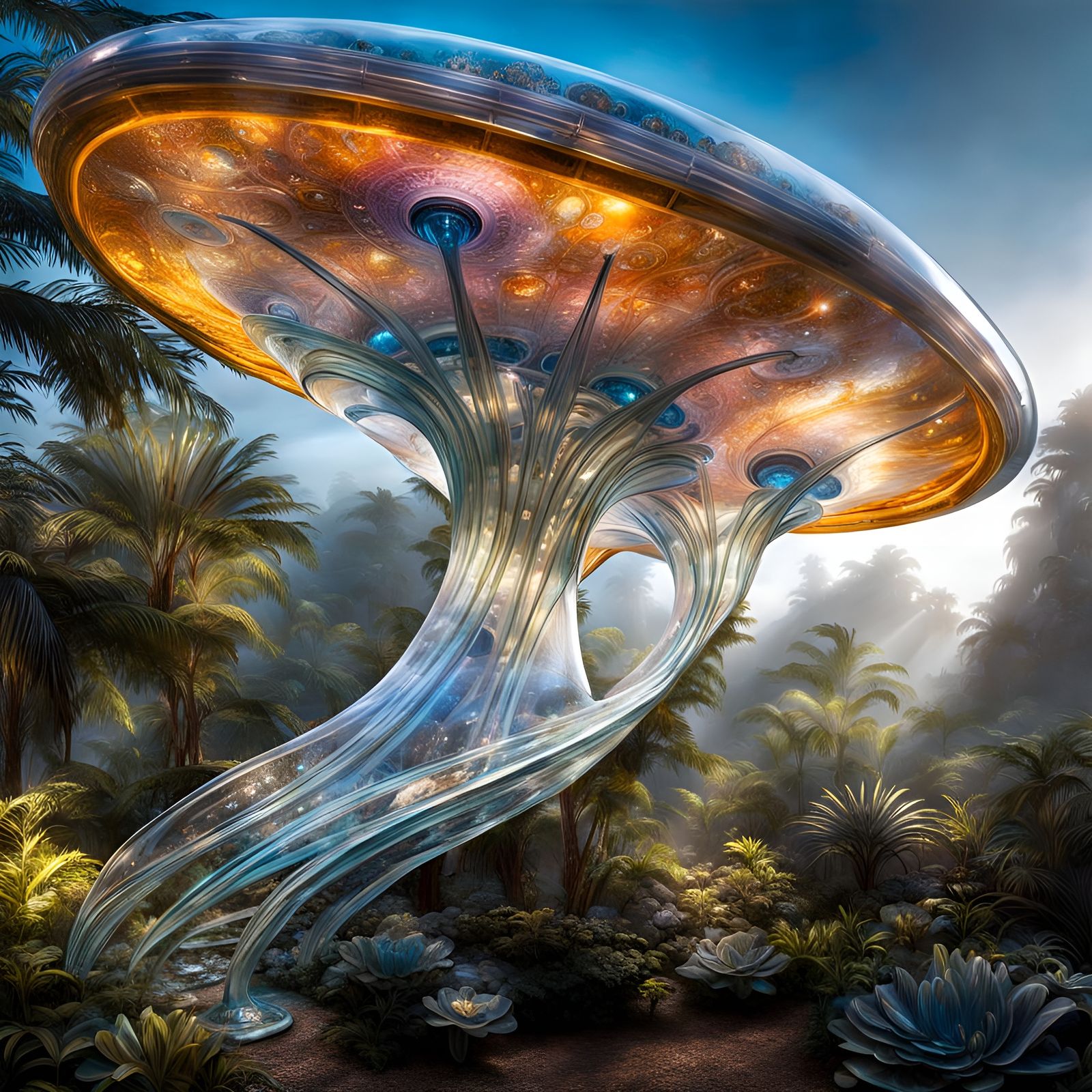 Transparent Glass Starship Sculpture in Sci-Fi Style