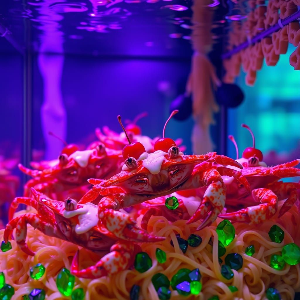 Crabs in Neon Fish Tank with Pasta Walls