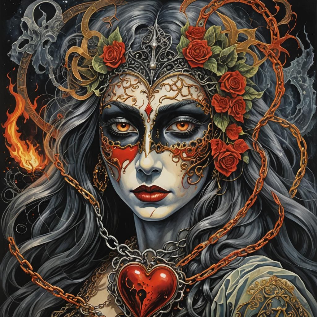 Mysterious Masquerade Pyromancer in Surreal Gouache