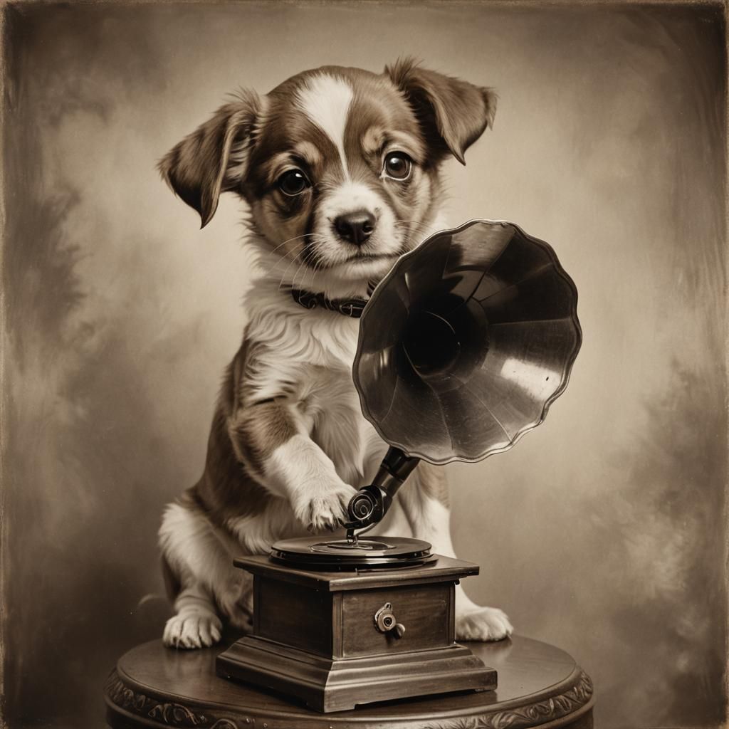 Puppy and Gramophone in Sepia, Hyperrealistic 1900s Style