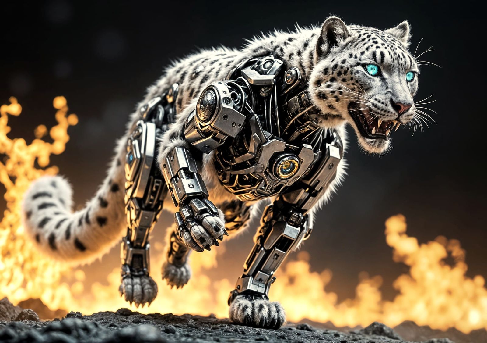 Angry Snow Leopard Cyborg Leaping Over Flames