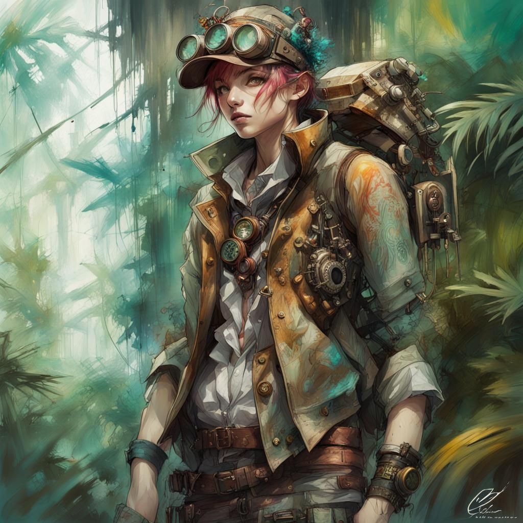 Steampunk Jungle Explorer Anime Sketch
