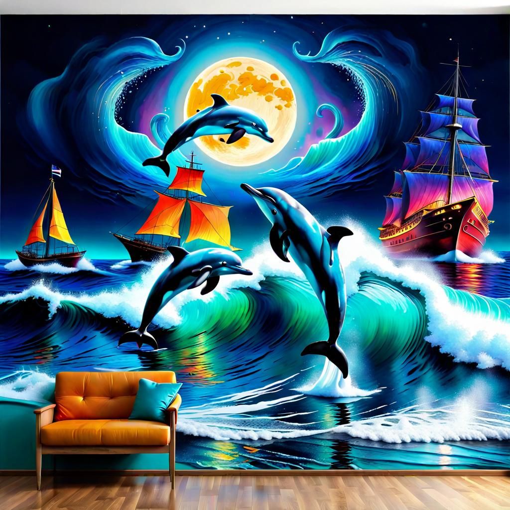 Dolphins' Moonlit Dance: Surreal Impasto Painting