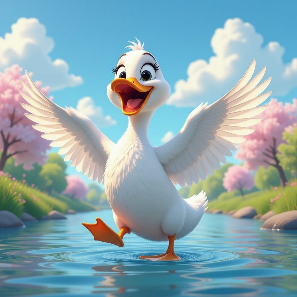 A white duck is laughing and smiling, with its mouth open wi...