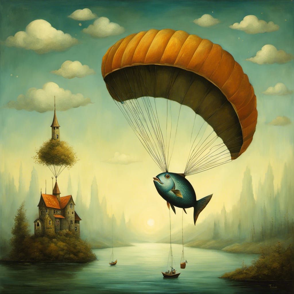 Whimsical Fish Parachuting in Surreal Style