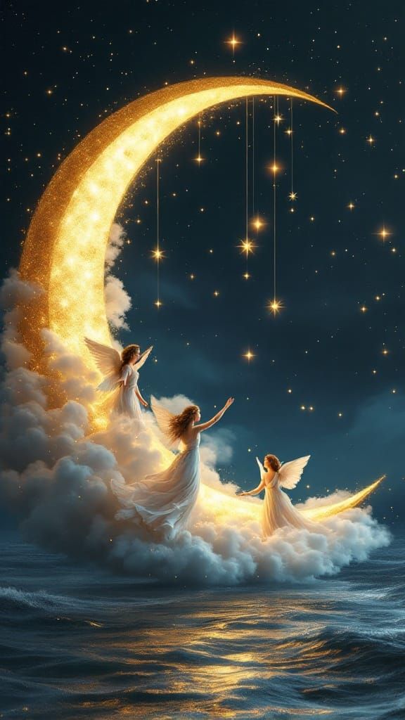 Golden Moon Goddess with Serene Angels