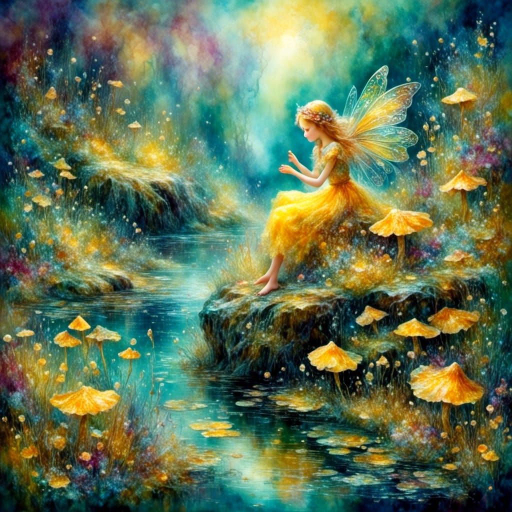 Fairies Along Rocky Shore in Liquid Pour Painting Style