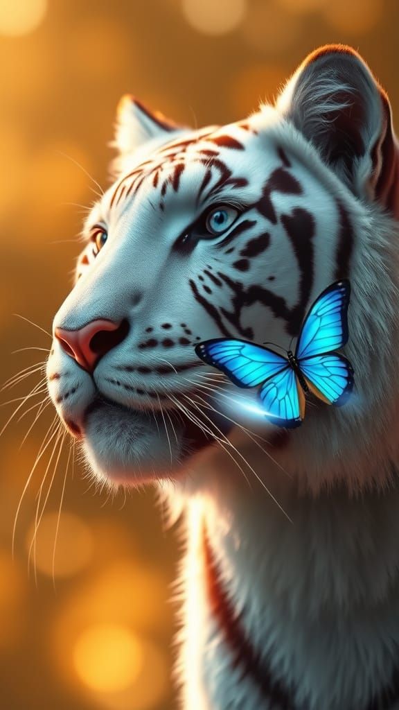 Hyper-Realistic White Tiger Portrait with Blue Butterfly