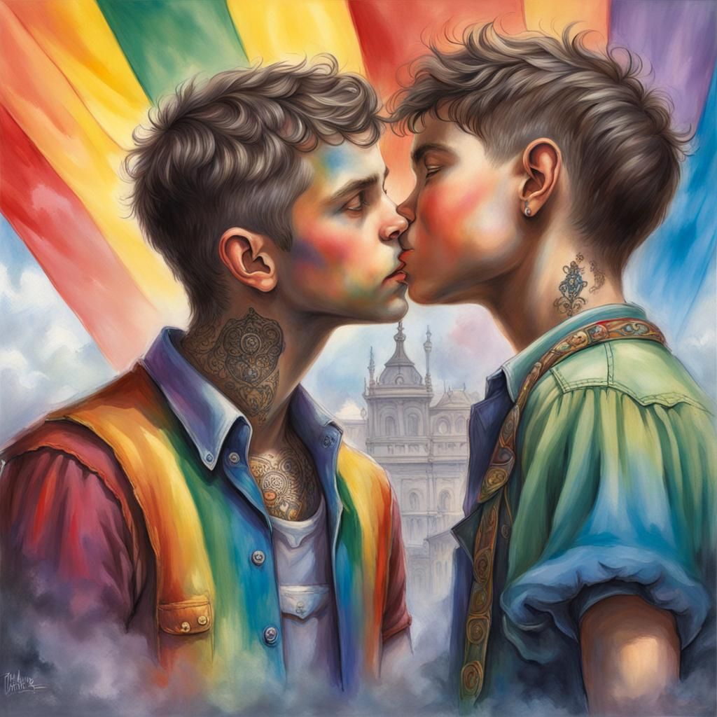 Gothic Gay Couple Kiss with Rainbow Flag