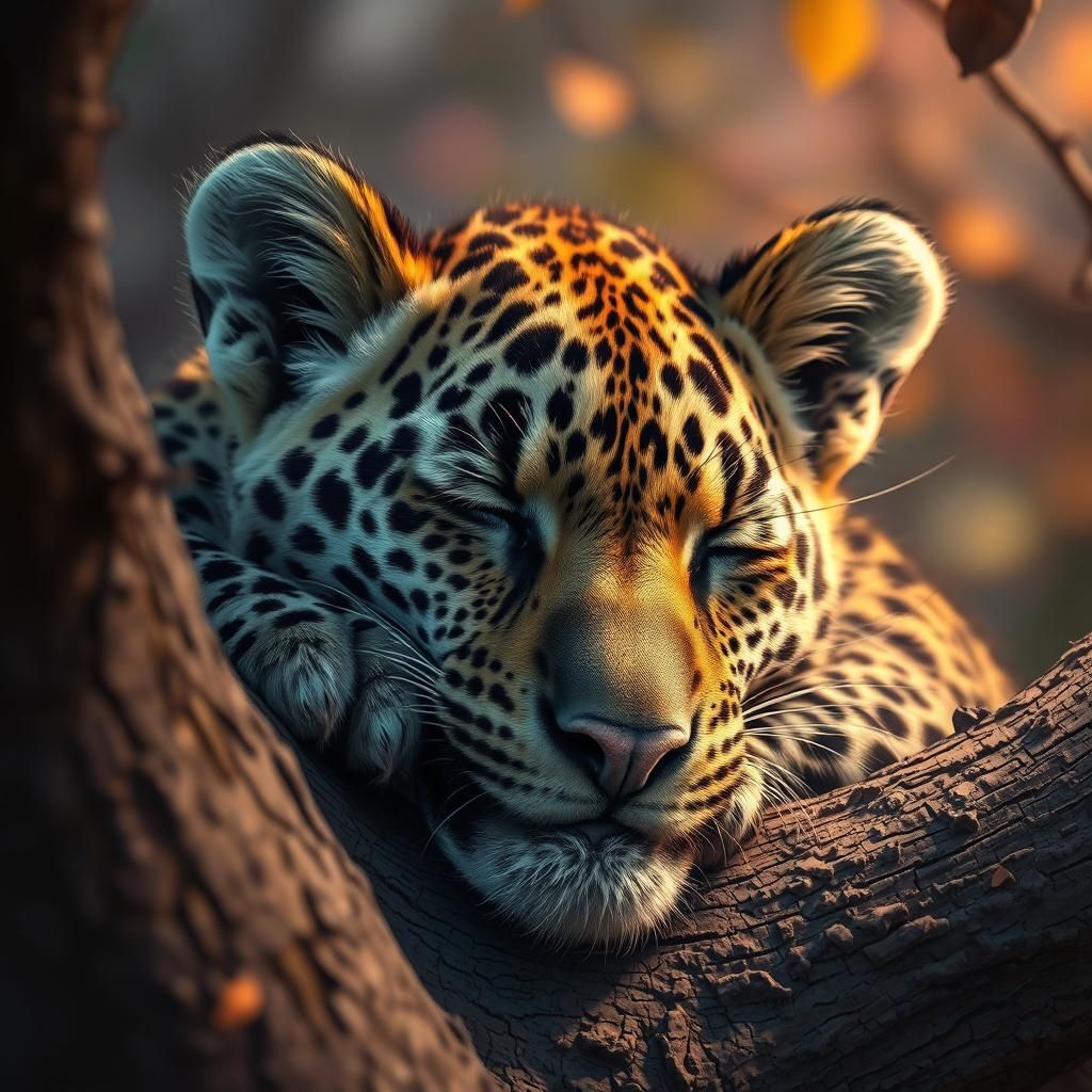 Baby Leopard Sleeping in Tree: Hyperrealistic Splash Art