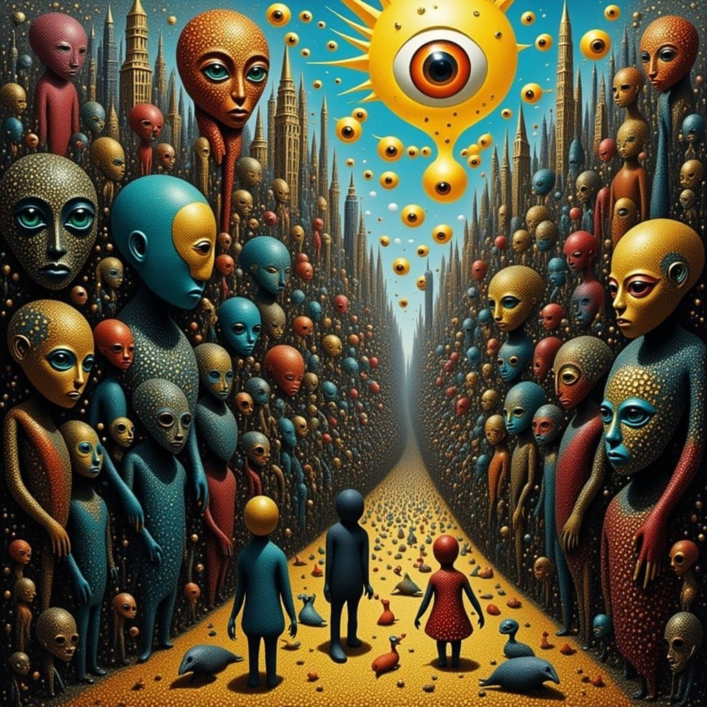 Distorted Cityscape with Masked Figures in Bold, Clashing Co...