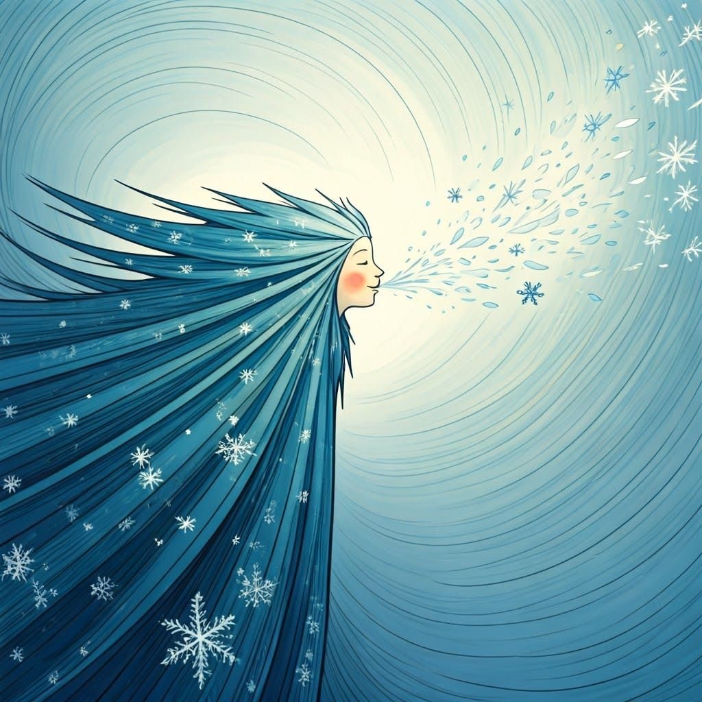 Gentle North Wind Whispers Snow in Whimsical Winter Scene