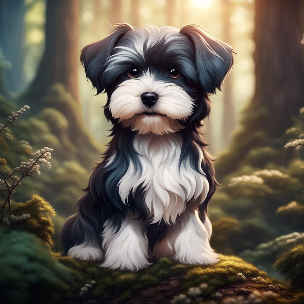 Chibi Havanese Puppy in Fantasy Forest, Detailed Matte Paint...