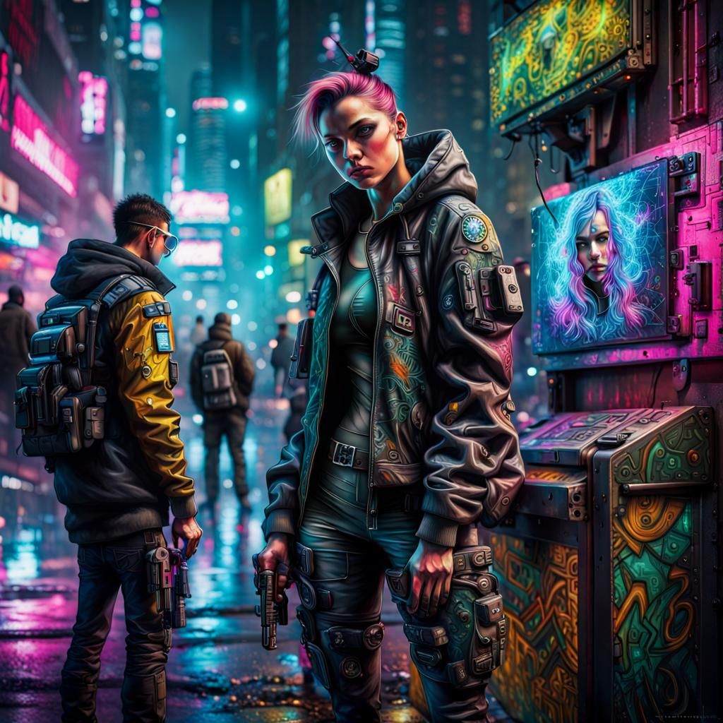 Hyperrealistic Cyberpunk Gamers in Graffiti Art Style