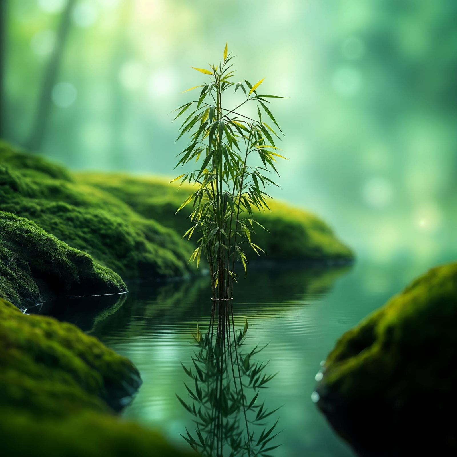 Epic Green Bamboo Scene in a Lush Waterhole