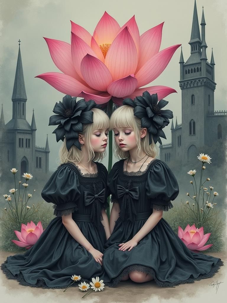 Gothic Girls in a Dreamy Lotus Garden