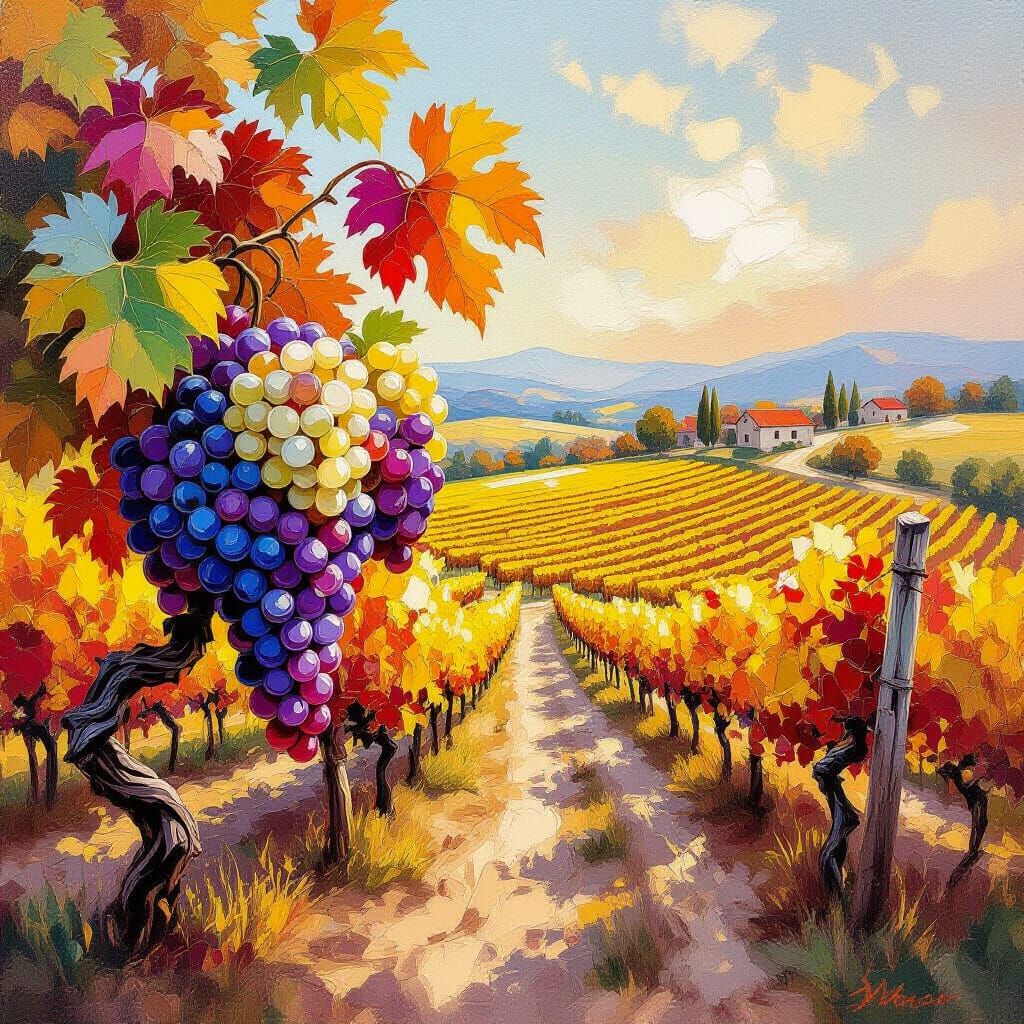 Vibrant Autumn Vineyard Painting with Grapes and Rolling Hil...
