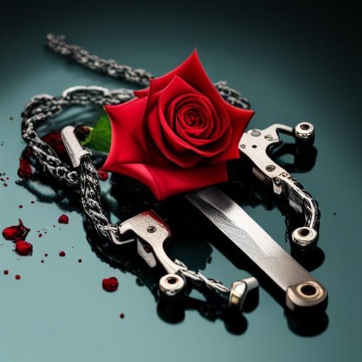 handcuff, switchblade, and a rose