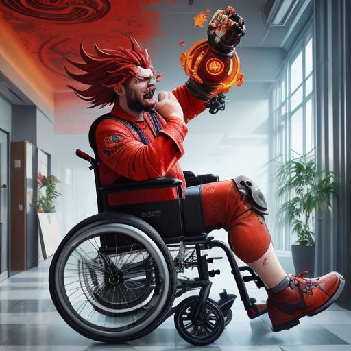 Cartoon Red Devil in Wheelchair: Fantasy Art