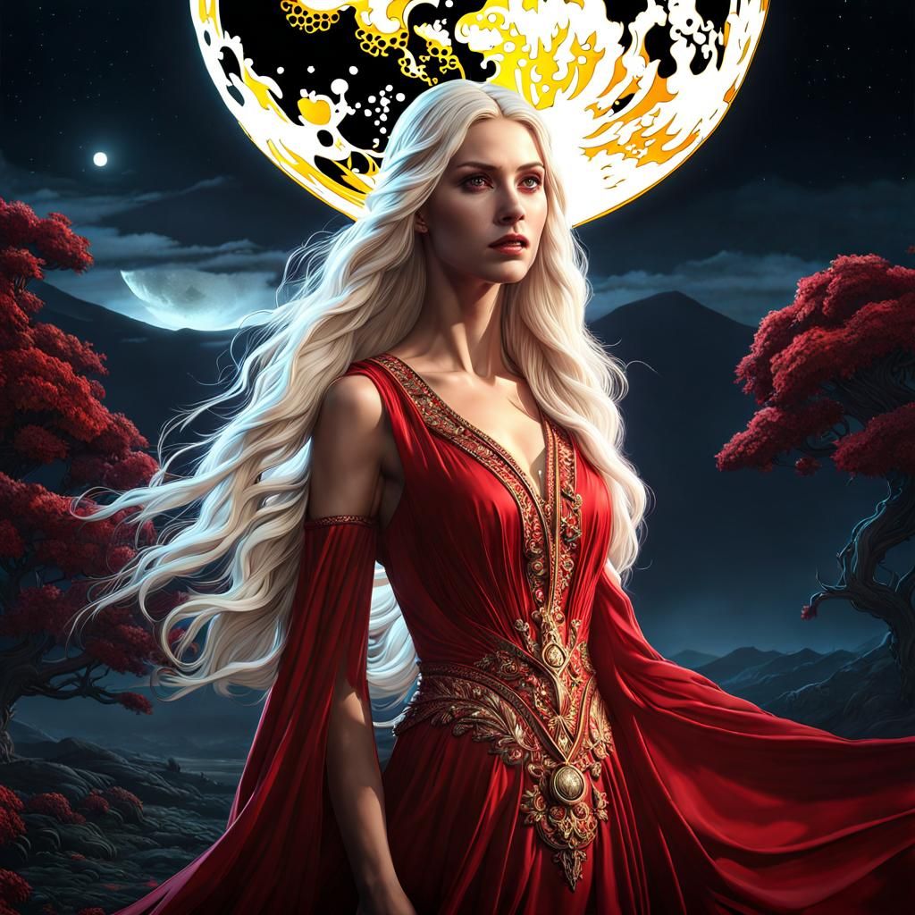 Woman in Red Dress Under Moonlight
