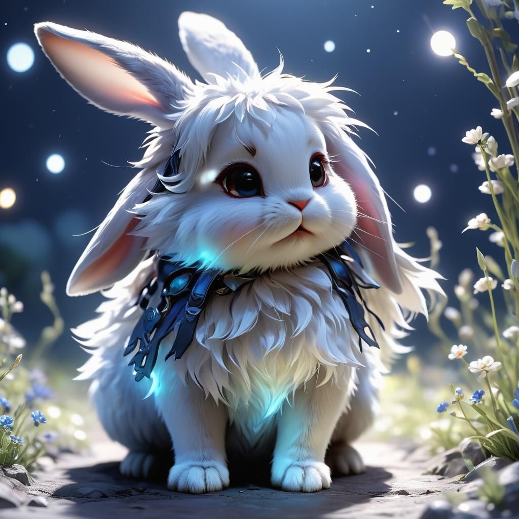Realistic Tiny Bunny in Moonlight: 3D Anime Art