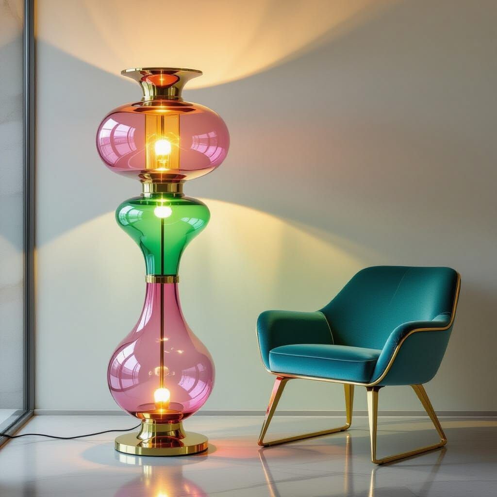 Futuristic Pink and Green Glass Floor Lamp with Brass