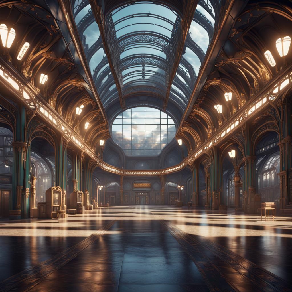 Futuristic Art Nouveau Train Station in 3D