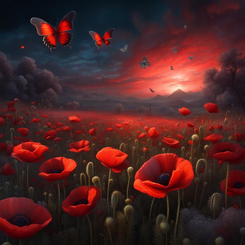 Night Butterflies over Poppies: Digital Matte Painting