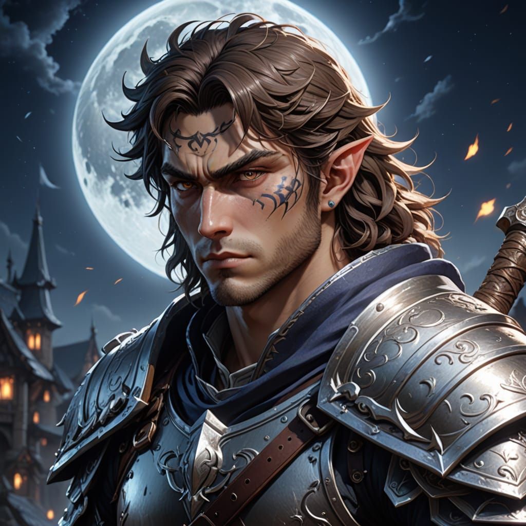 Ethereal Half-Elf Barbarian Under Full Moonlight