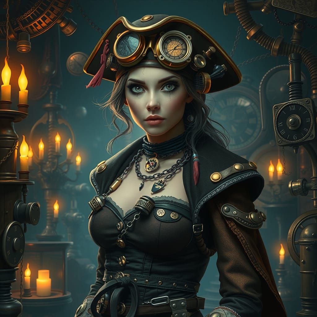 Steampunk Pirate in Dimly Lit Treasure Trove