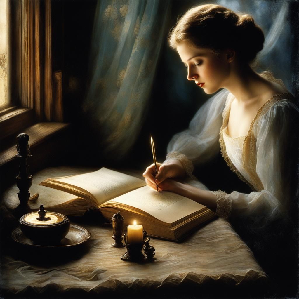 Woman Writing at Night in Rembrandt-Style Tenebrism