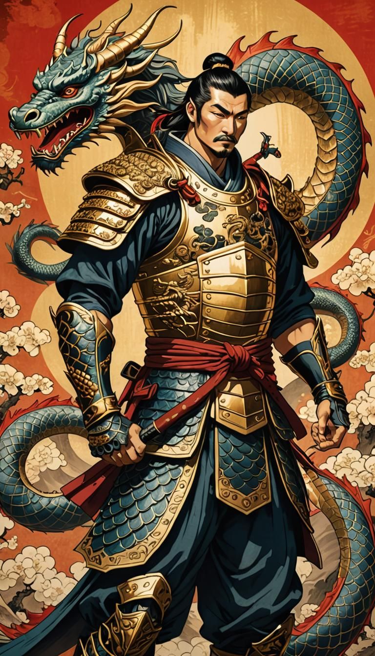 Japanese Warrior with Dragon Tattoo in Ukiyo-e Style
