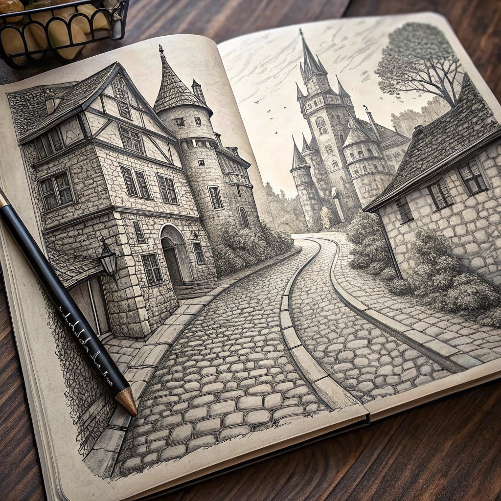 Pencil Drawing of Medieval Town in Open Notebook