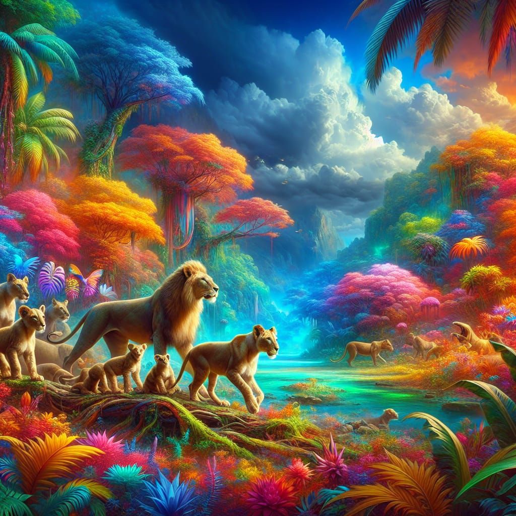 Lion and Lioness Guarding Cubs in Tropical Jungle