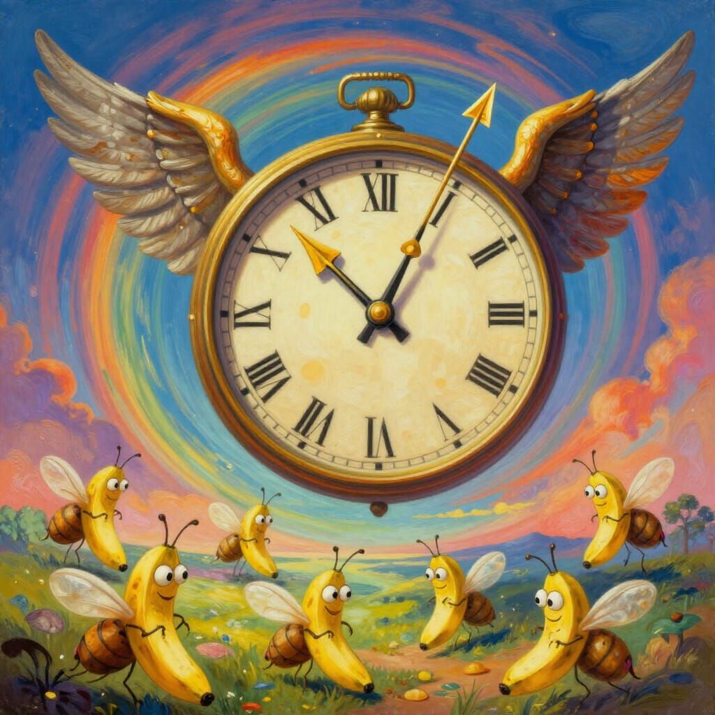 Surreal Clock with Winged Arrows and Banana Fruit Flies