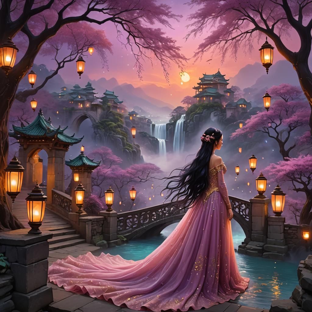 Pink Gown Lady in Mystical Cityscape