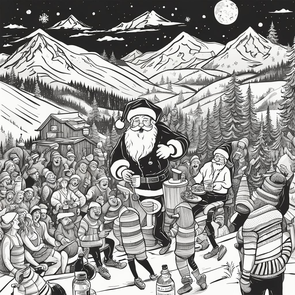Drunk Santa at Apres-Ski Party: Ink Illustration