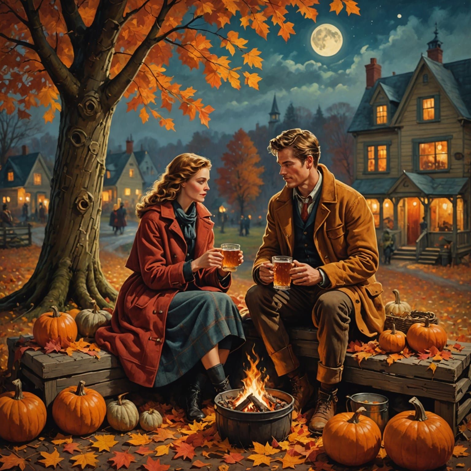 Cozy Autumn Bonfire: A Romantic Oil Painting