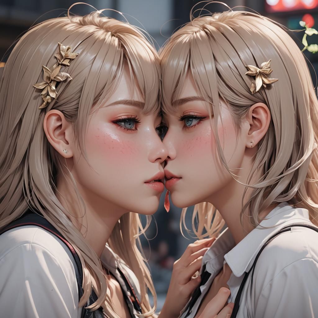 Anime Girls Kissing in Detailed 3D Style
