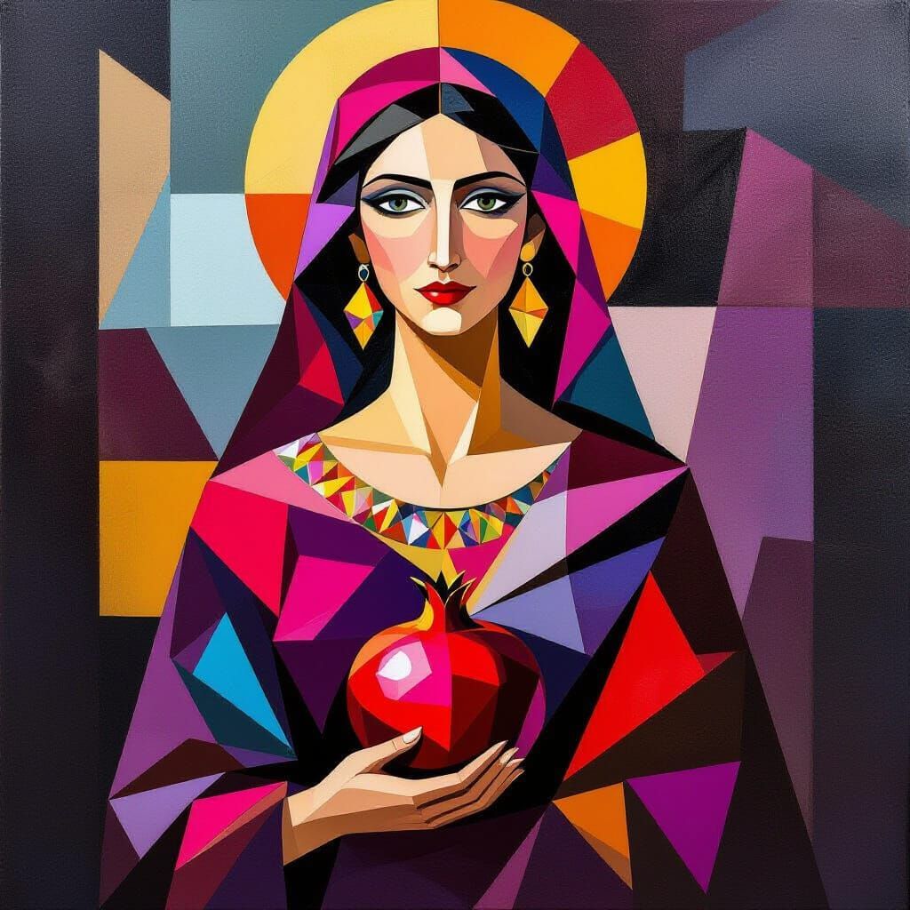 Palestinian Pomegranate Goddess in Abstract Cubist Style