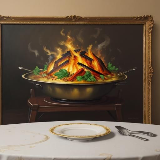 Warm Oil Painting of a Steaming Roast on an Ornate Tableclot...