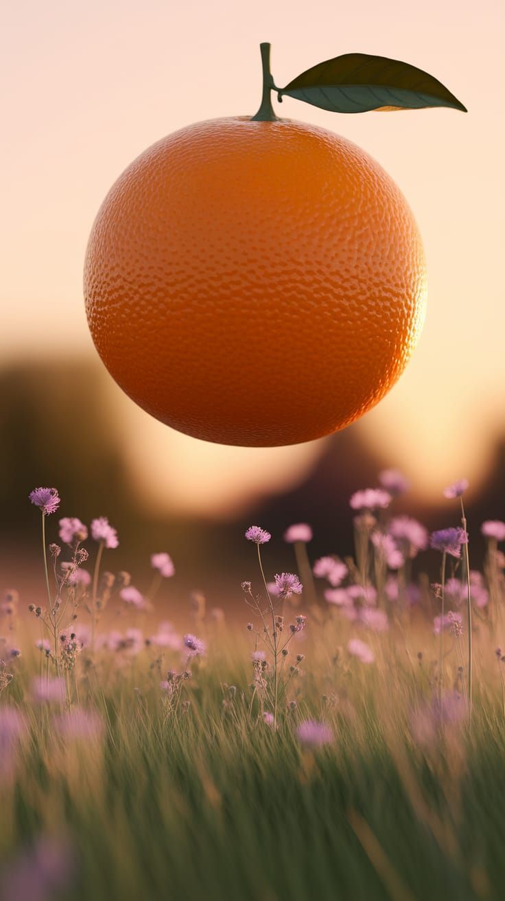 Giant Ripe Orange at Golden Sunset Over Wildflower Meadow