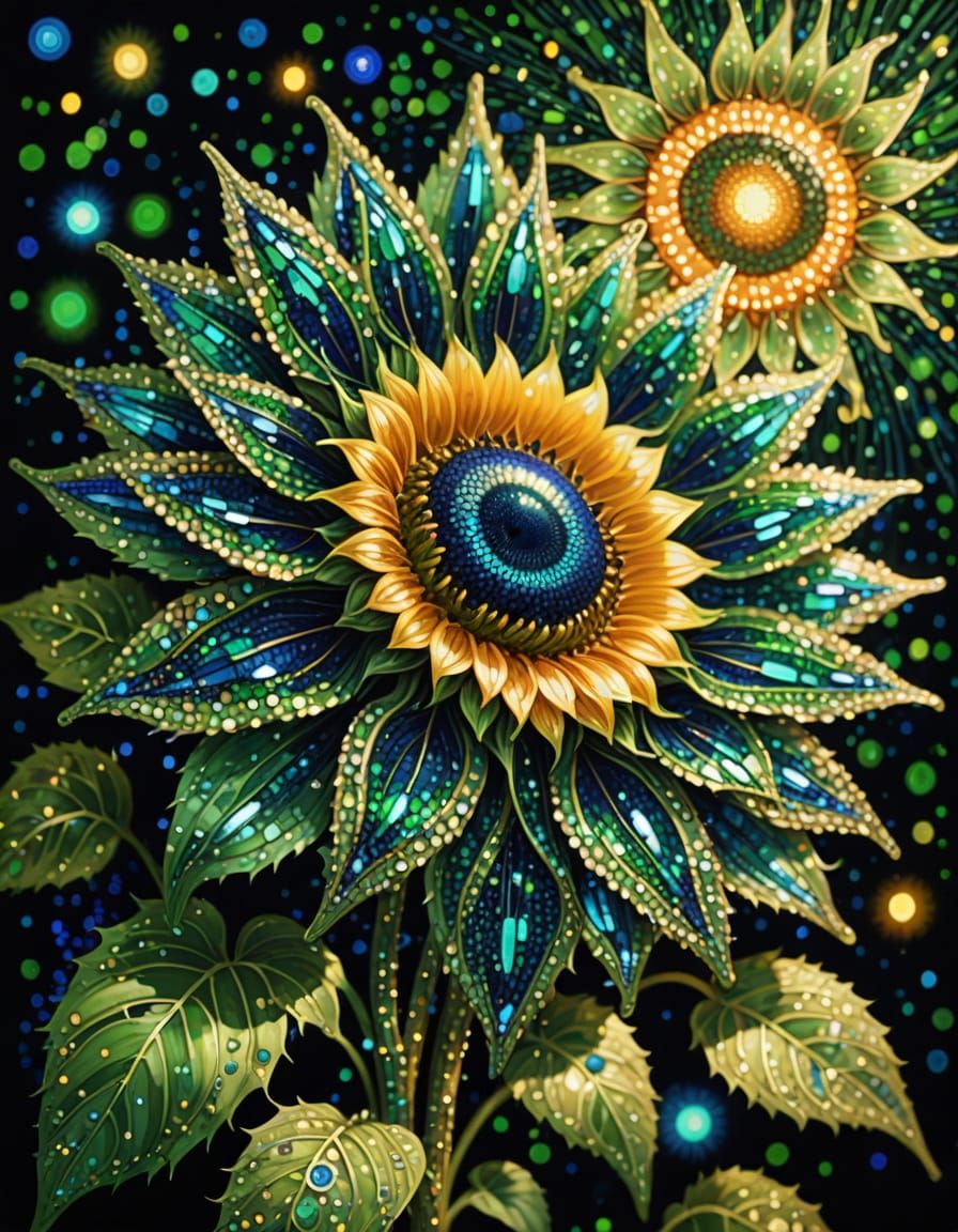Surreal Green Blue Sunflower in Pointillist Style with Spark...