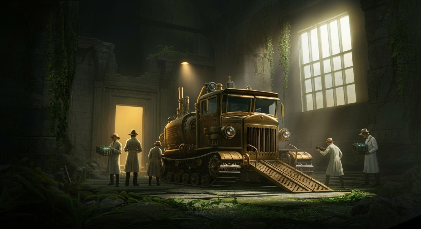 Steampunk Expedition Vehicle Amidst Ancient Ruins