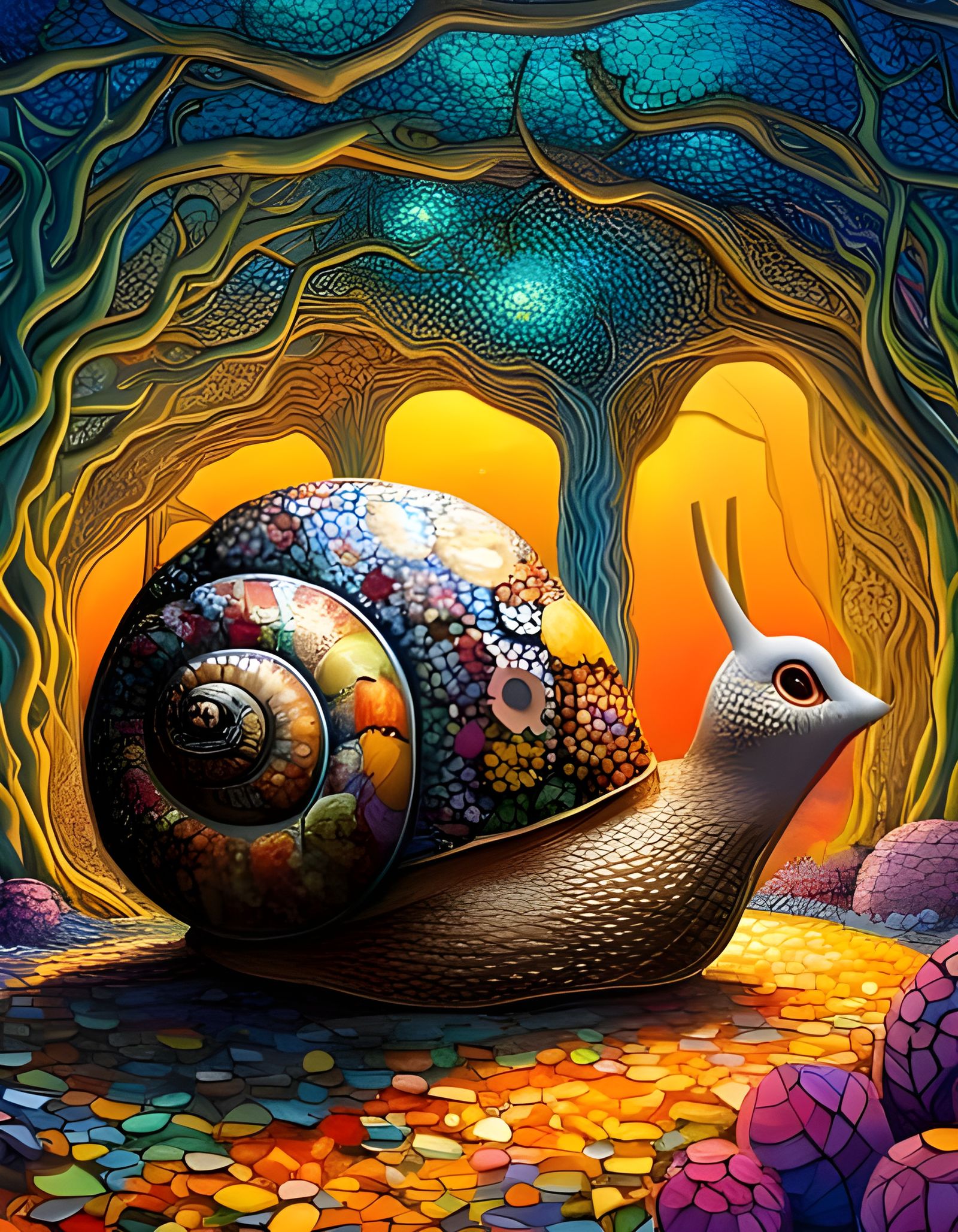 Mosaic Snail's Surreal Forest Journey: Klimt, O'Keeffe Style