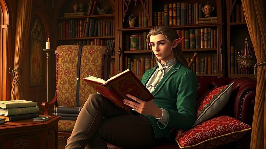 Elf Reading in Magical Library, Ghibli Style