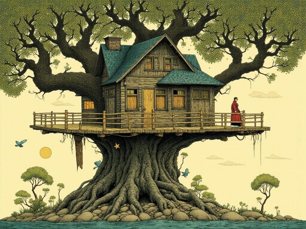 Surreal Embossed Fantasy Treehouse in Dreamlike Setting